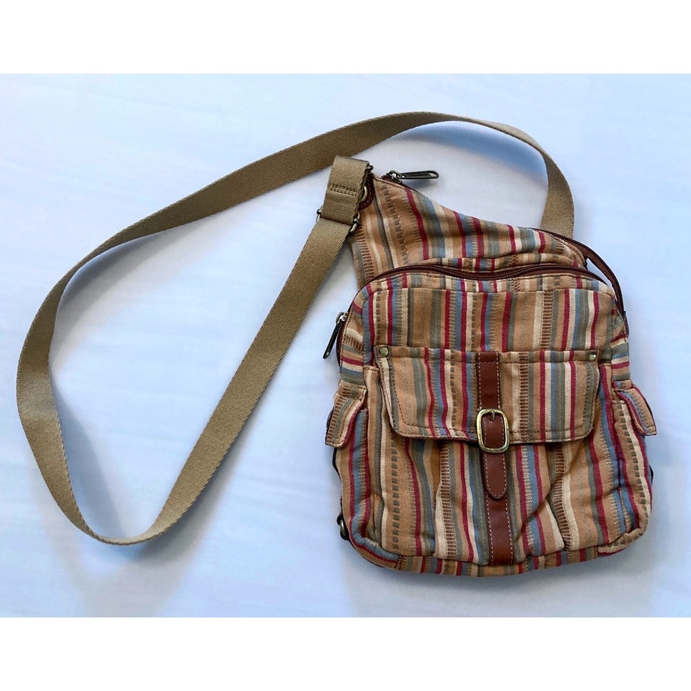 Fossil Womens Medium Multicolor Striped Canvas Crossbody Bag Earthy Boho Travel